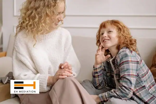 Happy mother and child after sorting child arrangements mediation Coalville